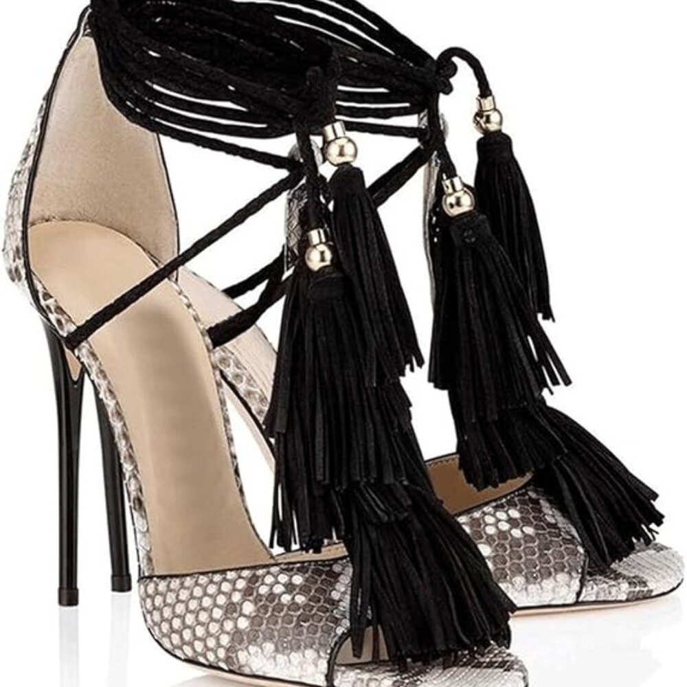 Women's Suede Fringed Trim Ankle Strap Stiletto Tassels Heels